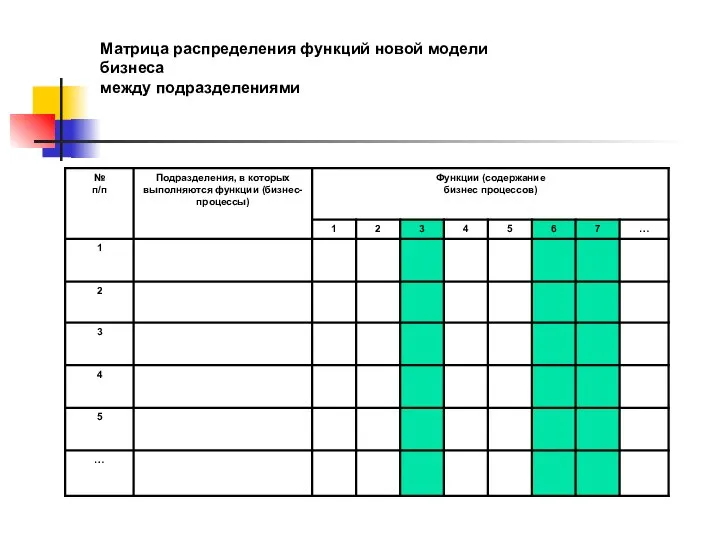 Матрица распределения функций новой модели бизнеса между подразделениями