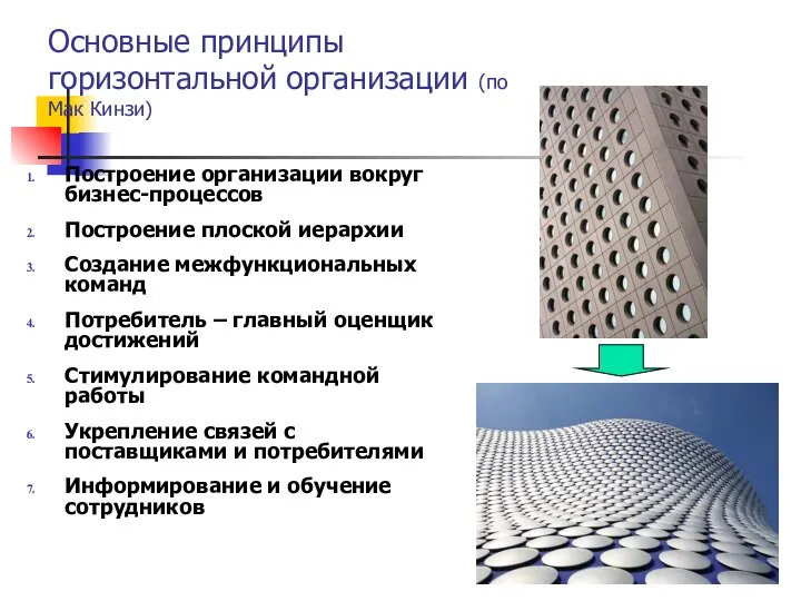 Основные принципы горизонтальной организации (по Мак Кинзи) Построение организации вокруг бизнес-процессов Построение