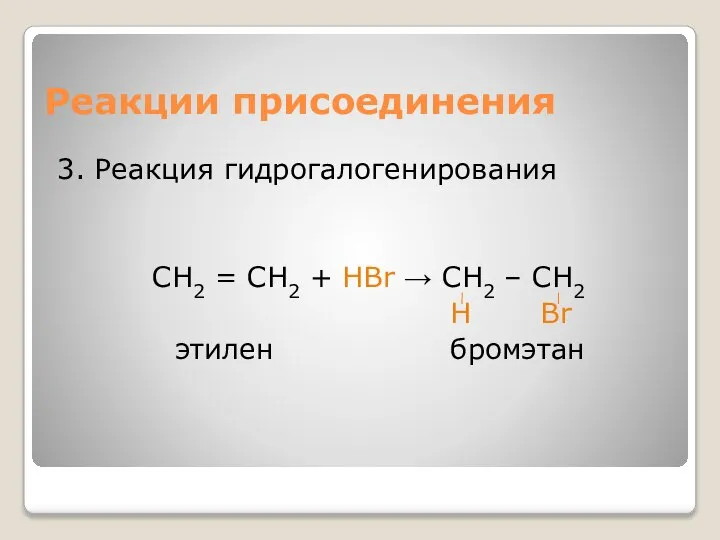Реакции присоединения 3. Реакция гидрогалогенирования СН2 = СН2 + HBr → СН2
