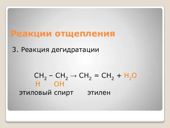 Реакции отщепления 3. Реакция дегидратации СН2 – СН2 → СН2 = СН2