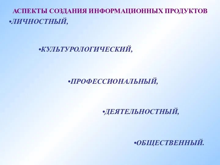 АСПЕКТЫ СОЗДАНИЯ ИНФОРМАЦИОННЫХ ПРОДУКТОВ ЛИЧНОСТНЫЙ, ДЕЯТЕЛЬНОСТНЫЙ, ОБЩЕСТВЕННЫЙ. КУЛЬТУРОЛОГИЧЕСКИЙ, ПРОФЕССИОНАЛЬНЫЙ,