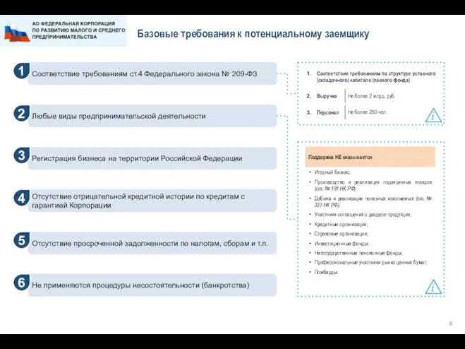 Базовые требования к потенциальному заемщику Соответствие требованиям по структуре уставного (складочного) капитала