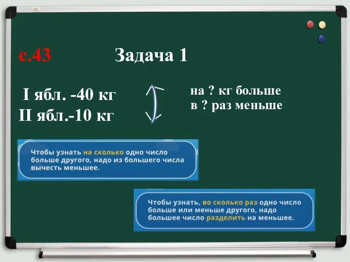 с.43 Задача 1 I ябл. -40 кг ІІ ябл.-10 кг на ?