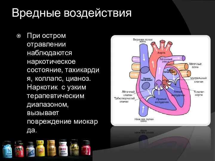 Вредные воздействия При остром отравлении наблюдаются наркотическое состояние, тахикардия, коллапс, цианоз. Наркотик