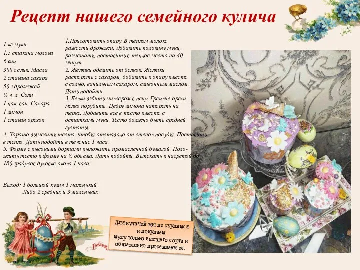 Рецепт нашего семейного кулича 1 кг муки 1,5 стакана молока 6 яиц