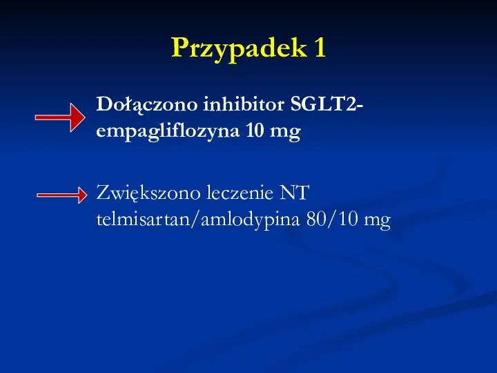 Przypadek 1 Dołączono inhibitor SGLT2- empagliflozyna 10 mg Zwiększono leczenie NT telmisartan/amlodypina 80/10 mg