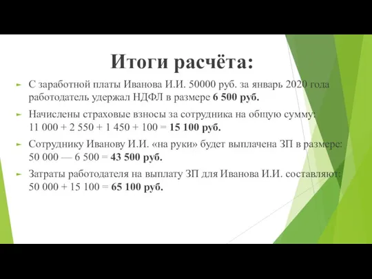 Итоги расчёта: С заработной платы Иванова И.И. 50000 руб. за январь 2020