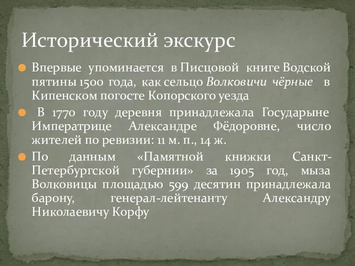 Впервые упоминается в Писцовой книге Водской пятины 1500 года, как сельцо Волковичи