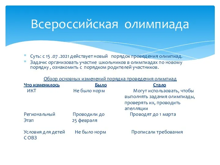 Суть: с 15 .07 .2021 действует новый порядок проведения олимпиад. Задачи: организовать