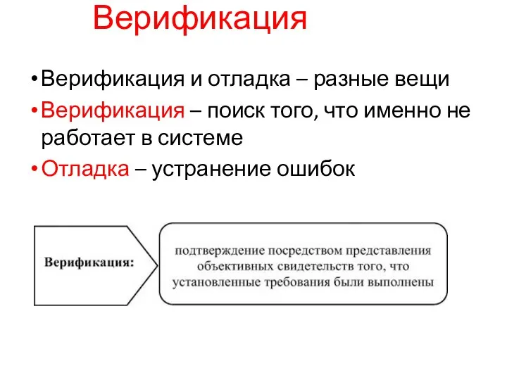 Верификация и отладка – разные вещи Верификация – поиск того, что именно