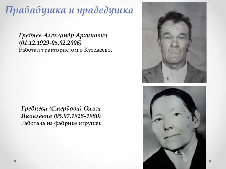 Гребнев Александр Архипович (01.12.1929-05.02.2006) Работал трактористом в Кузедеево. Гребнева (Смердова) Ольга Яковлевна