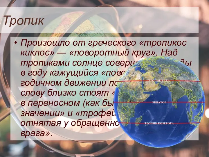 Тропик Произошло от греческого «тропикос киклос» — «поворотный круг». Над тропиками солнце