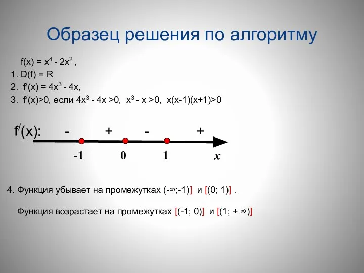 Образец решения по алгоритму f(х) = х4 - 2х2 , 1. D(f)