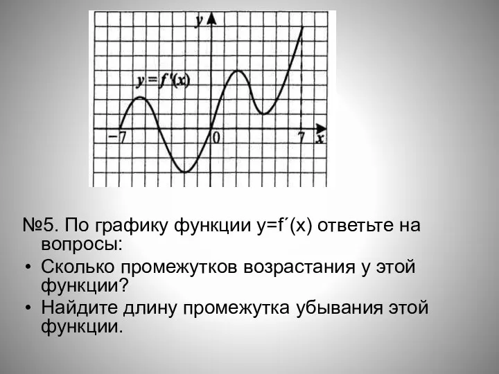 №5. По графику функции y=f´(x) ответьте на вопросы: Сколько промежутков возрастания у