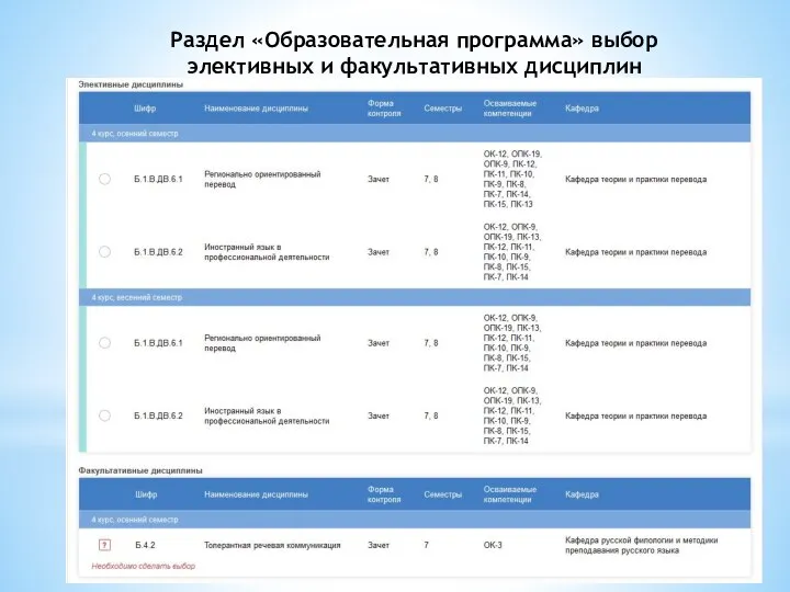 Раздел «Образовательная программа» выбор элективных и факультативных дисциплин