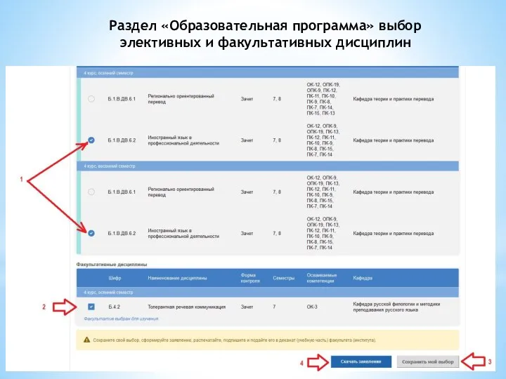 Раздел «Образовательная программа» выбор элективных и факультативных дисциплин