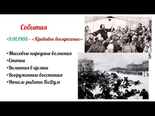 События 9.01.1905 – «Кровавое воскресенье» Массовые народные волнения Стачки Волнения в армии