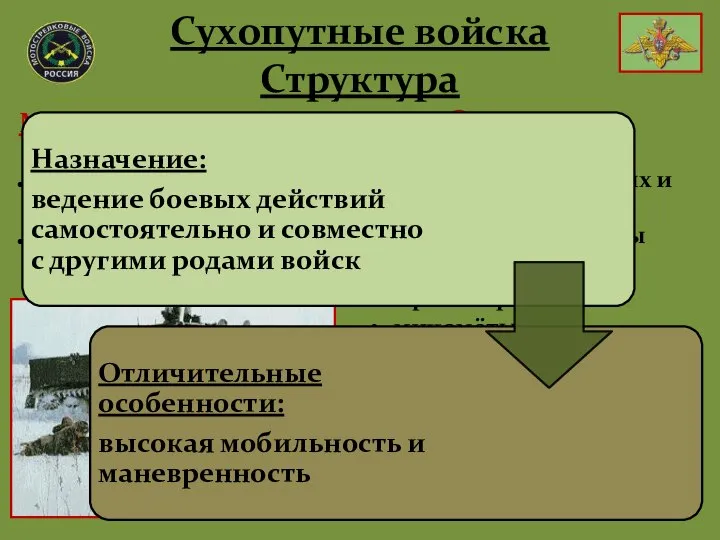 Оснащение: вооружение для поражения наземных и воздушных целей ракетные комплексы танки артиллерия