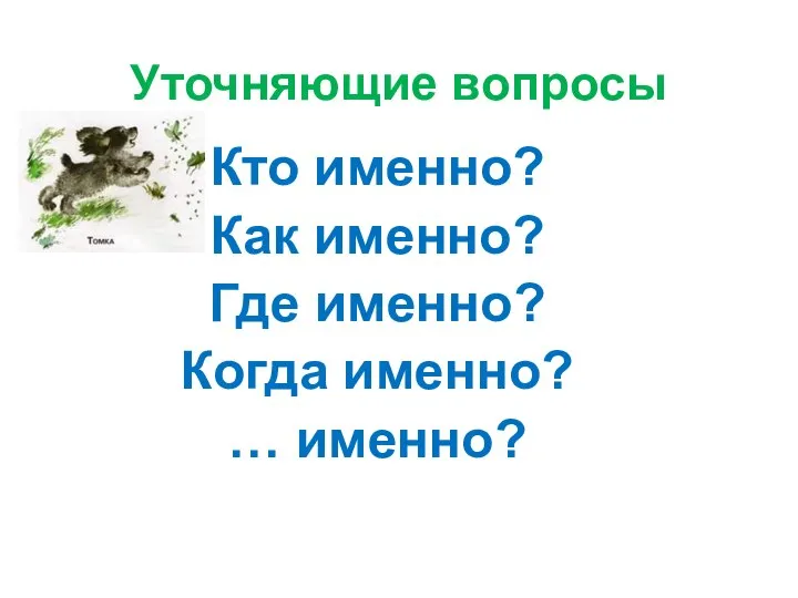 Уточняющие вопросы Кто именно? Как именно? Где именно? Когда именно? … именно?