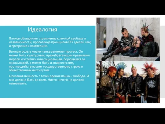 Идеалогия Панков объединяет стремление к личной свободе и независимости, пропаганда принципов DIY
