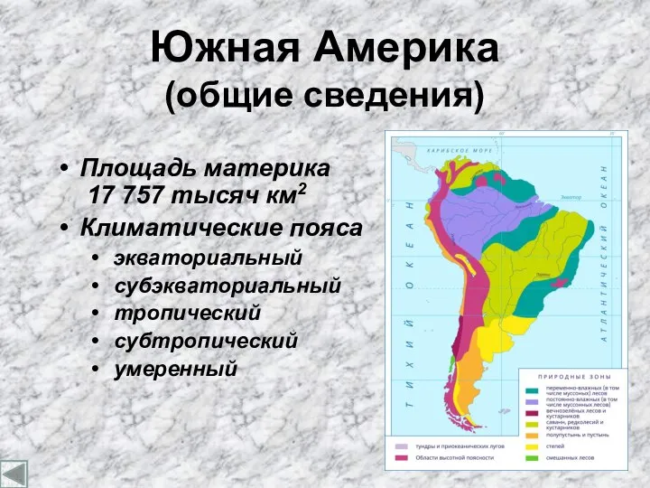 Южная Америка (общие сведения) Площадь материка 17 757 тысяч км2 Климатические пояса