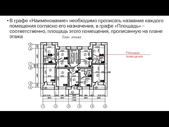 В графе «Наименование» необходимо прописать название каждого помещения согласно его назначения, в