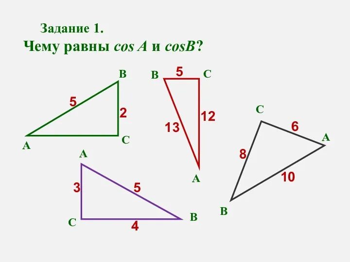 Задание 1. Чему равны cos A и cosB? А А А А