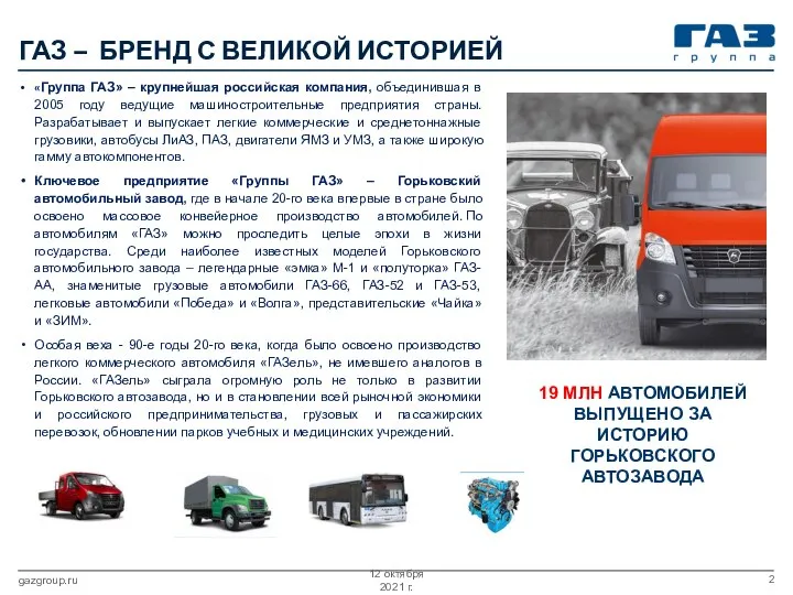 ГАЗ – БРЕНД С ВЕЛИКОЙ ИСТОРИЕЙ 12 октября 2021 г. gazgroup.ru «Группа