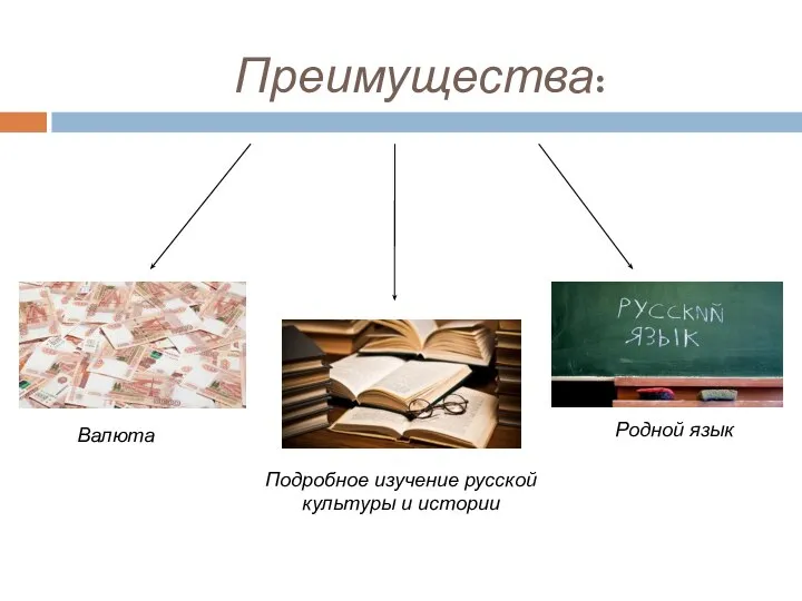 Преимущества: Валюта Подробное изучение русской культуры и истории Родной язык