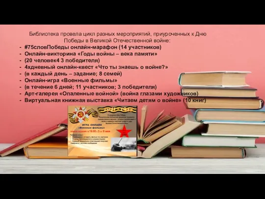 Библиотека провела цикл разных мероприятий, приуроченных к Дню Победы в Великой Отечественной