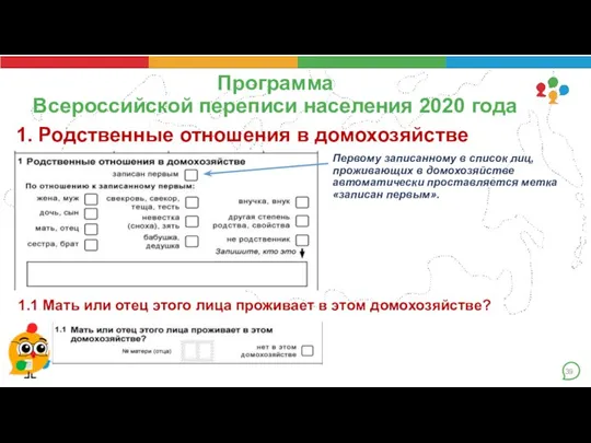 Программа Всероссийской переписи населения 2020 года 1. Родственные отношения в домохозяйстве Первому