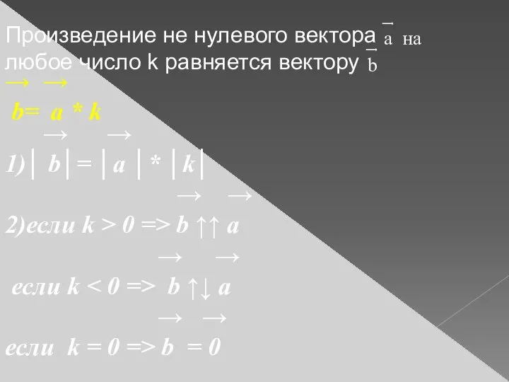 Произведение не нулевого вектора любое число k равняется вектору ͢ а на