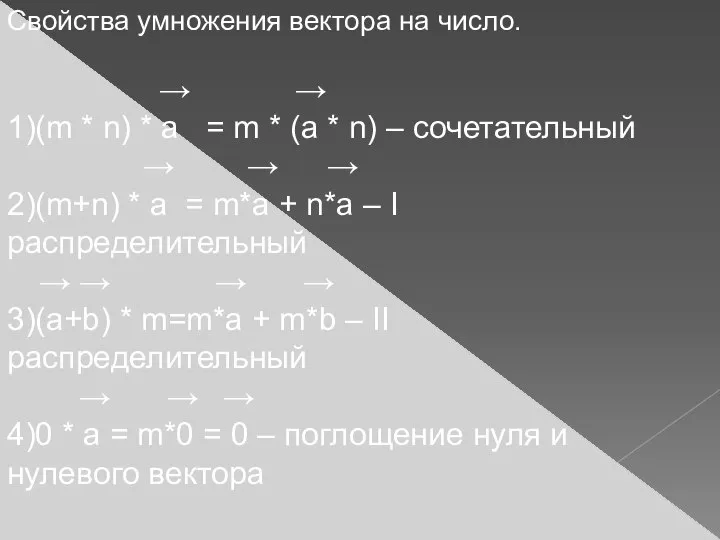 Свойства умножения вектора на число. → → 1)(m * n) * a