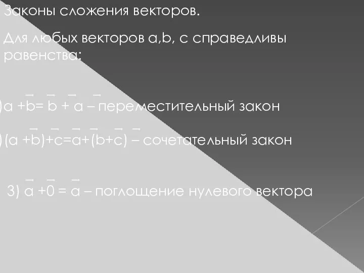 Законы сложения векторов. Для любых векторов а,b, c справедливы равенства: ͢ ͢