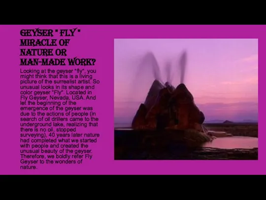 geyser " fly " miracle of nature or man-made work? Looking at