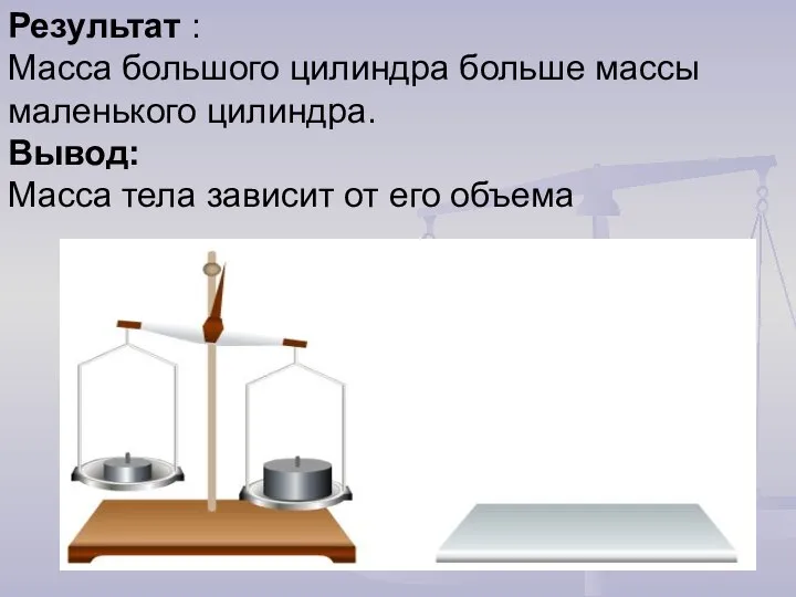 Результат : Масса большого цилиндра больше массы маленького цилиндра. Вывод: Масса тела зависит от его объема