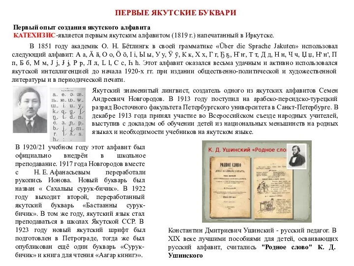 ПЕРВЫЕ ЯКУТСКИЕ БУКВАРИ Якутский знаменитый лингвист, создатель одного из якутских алфавитов Семен