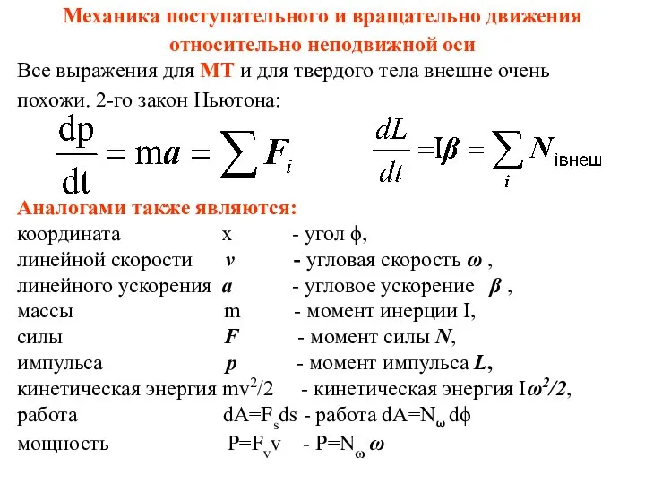 Механика поступательного и вращательно движения относительно неподвижной оси Все выражения для МТ