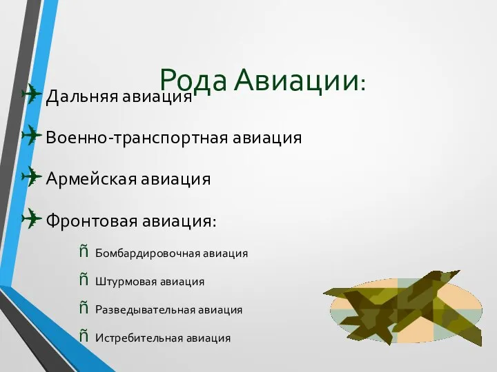 Рода Авиации: Дальняя авиация Военно-транспортная авиация Армейская авиация Фронтовая авиация: Бомбардировочная авиация