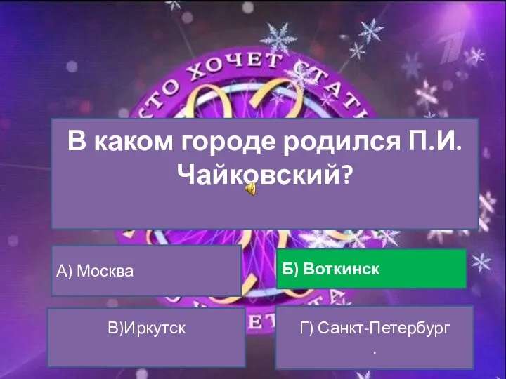 В каком городе родился П.И.Чайковский? А) Москва Б) Воткинск В)Иркутск Г) Санкт-Петербург .