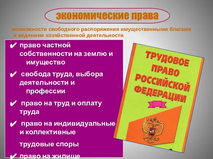 экономические права возможности свободного распоряжения имущественными благами и ведением хозяйственной деятельности право