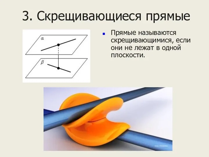 3. Скрещивающиеся прямые Прямые называются скрещивающимися, если они не лежат в одной плоскости.