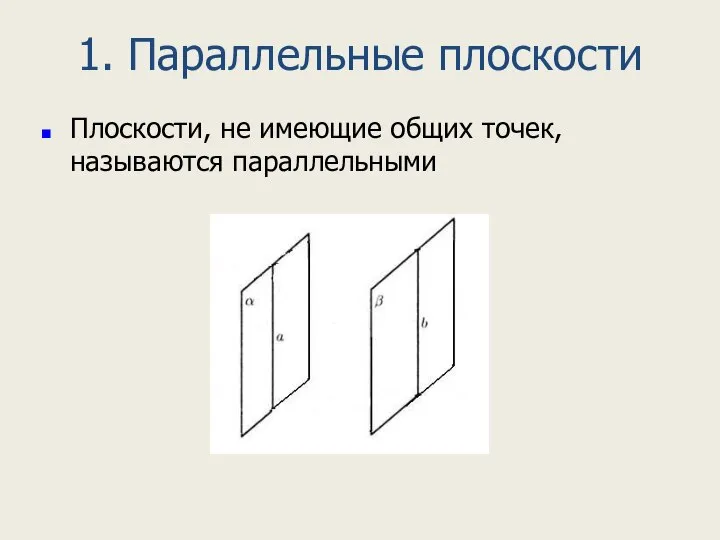 1. Параллельные плоскости Плоскости, не имеющие общих точек, называются параллельными