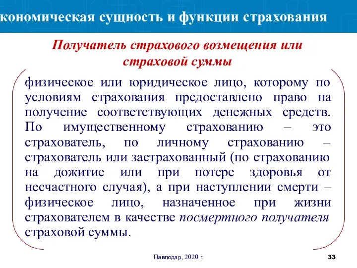 Павлодар, 2020 г. физическое или юридическое лицо, которому по условиям страхования предоставлено