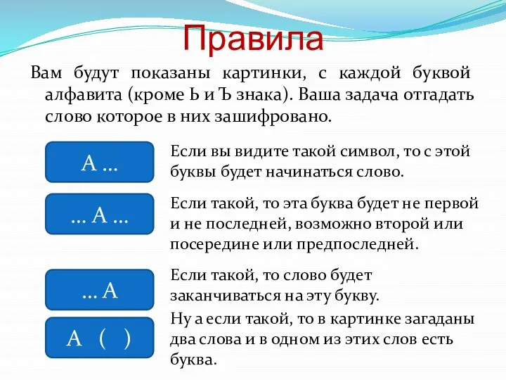 Правила Вам будут показаны картинки, с каждой буквой алфавита (кроме Ь и