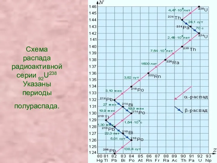 Схема распада радиоактивной серии 92U238 Указаны периоды полураспада.