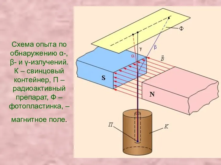 Схема опыта по обнаружению α-, β- и γ-излучений. К – свинцовый контейнер,