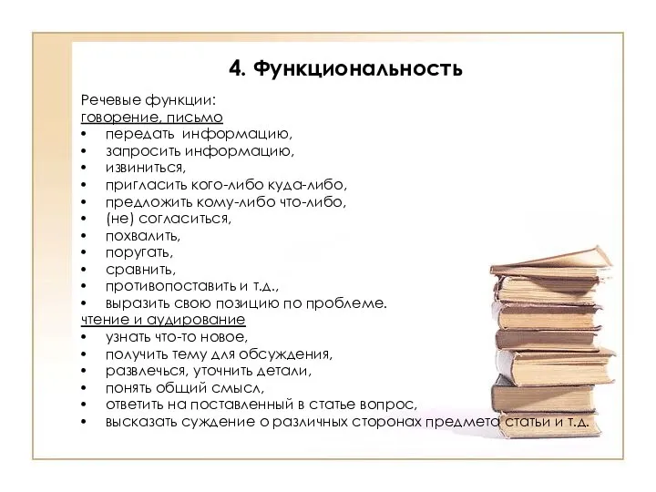 4. Функциональность Речевые функции: говорение, письмо передать информацию, запросить информацию, извиниться, пригласить