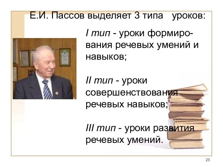 I тип - уроки формиро-вания речевых умений и навыков; II тип -