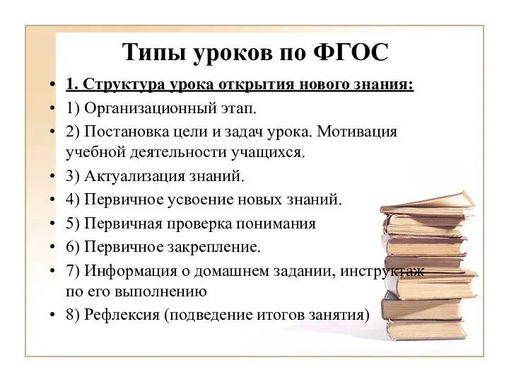 Типы уроков по ФГОС 1. Структура урока открытия нового знания: 1) Организационный